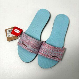 Havaianas Slide Sandals Womens US Size 11 12 Blue Water Logo Brazil Shoes NWT